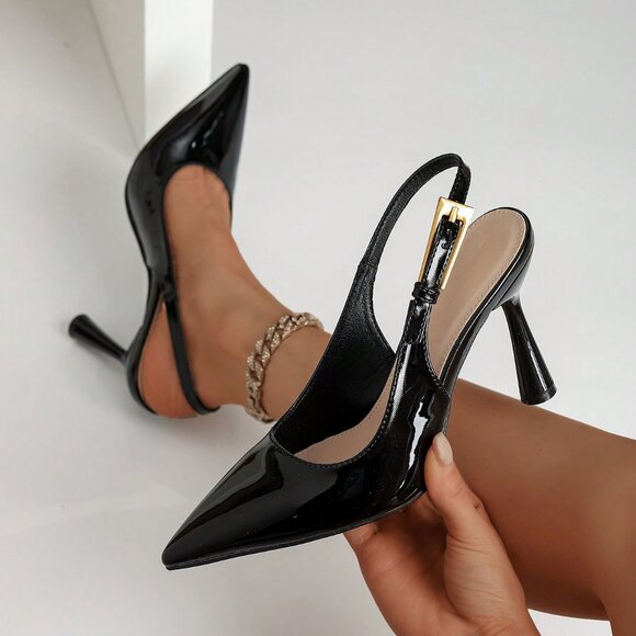 Black Elegant Women's High Heel Pointed Toe Button Lacquered Leather Slingback P - Picture 1 of 6